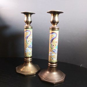 Cloisonne dragon phoenix bird enamel brass candlesticks vintage 4 1/2 x 10 1/4